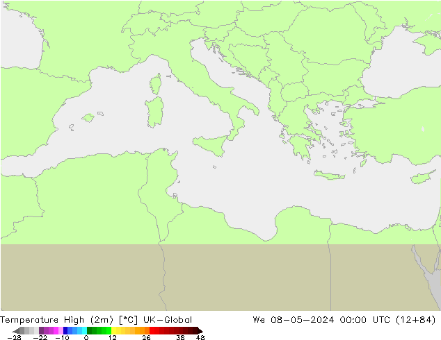 Max.temperatuur (2m) UK-Global wo 08.05.2024 00 UTC