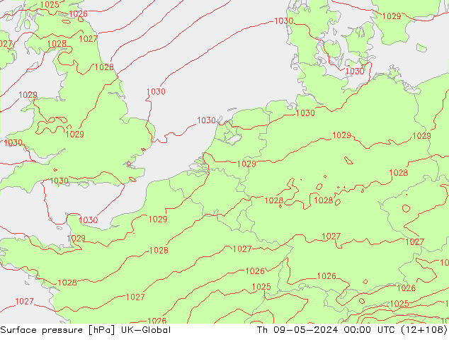 Pressione al suolo UK-Global gio 09.05.2024 00 UTC