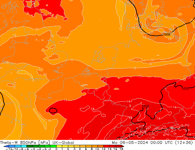 Theta-W 850гПа UK-Global пн 06.05.2024 00 UTC