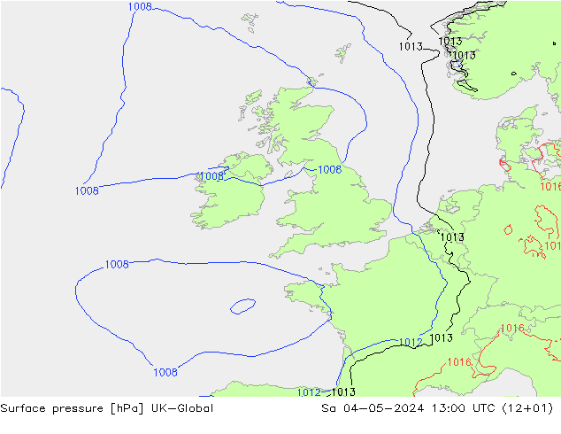 Pressione al suolo UK-Global sab 04.05.2024 13 UTC
