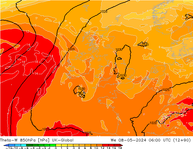 Theta-W 850гПа UK-Global ср 08.05.2024 06 UTC