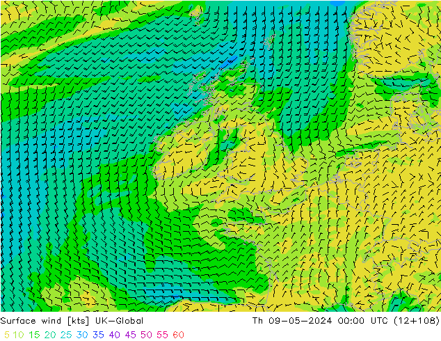 Rüzgar 10 m UK-Global Per 09.05.2024 00 UTC