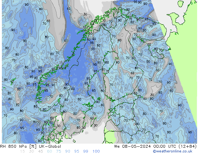 850 hPa Nispi Nem UK-Global Çar 08.05.2024 00 UTC