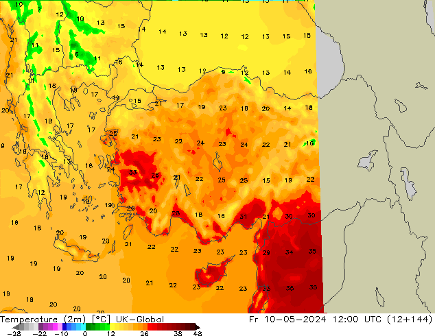 Temperatura (2m) UK-Global vie 10.05.2024 12 UTC