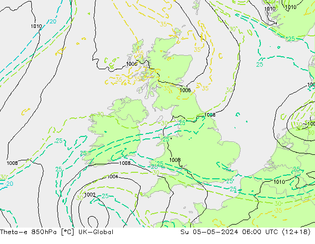 Theta-e 850hPa UK-Global Dom 05.05.2024 06 UTC