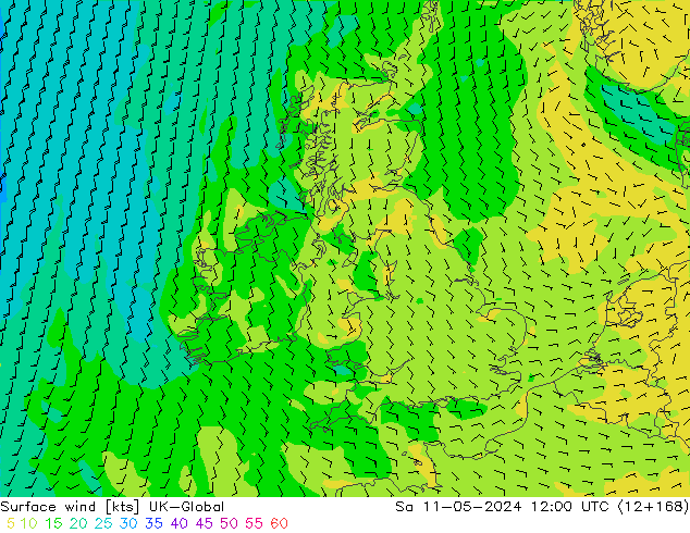 wiatr 10 m UK-Global so. 11.05.2024 12 UTC