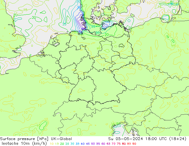 10米等风速线 (kph) UK-Global 星期日 05.05.2024 18 UTC