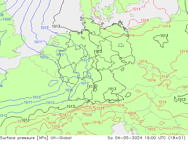 Presión superficial UK-Global sáb 04.05.2024 19 UTC