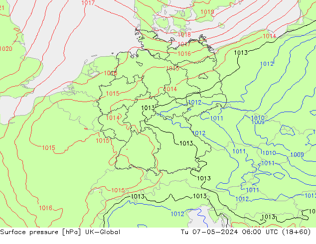 Surface pressure UK-Global Tu 07.05.2024 06 UTC