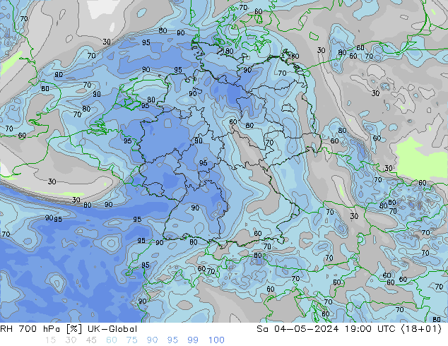 Humedad rel. 700hPa UK-Global sáb 04.05.2024 19 UTC
