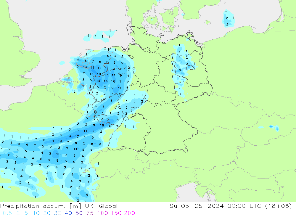 Precipitation accum. UK-Global Su 05.05.2024 00 UTC