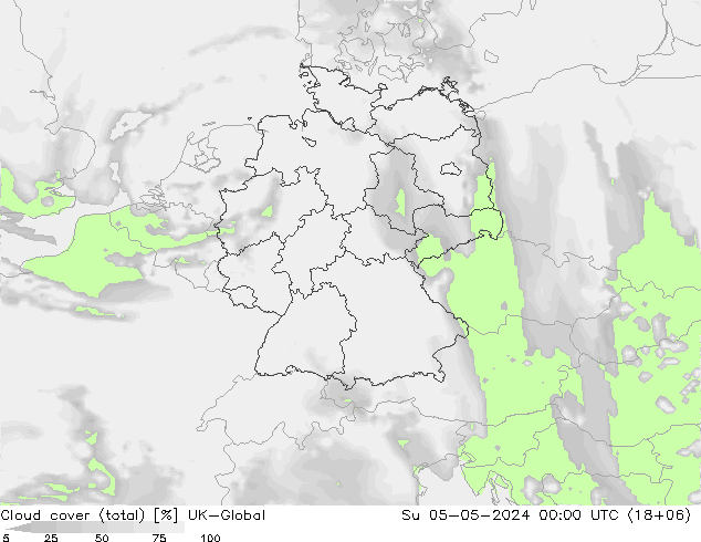 Bewolking (Totaal) UK-Global zo 05.05.2024 00 UTC