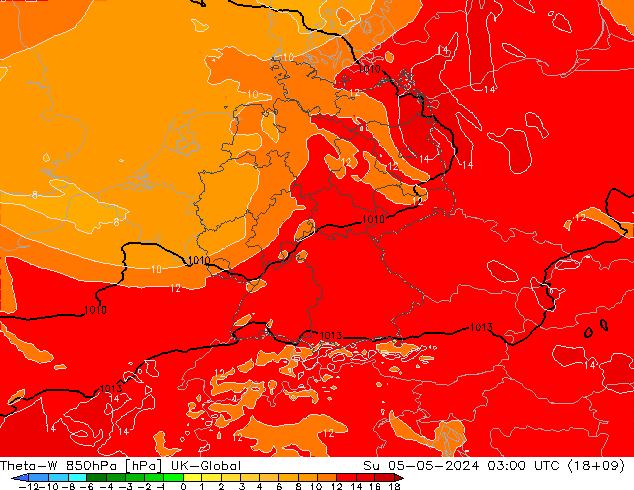 Theta-W 850hPa UK-Global Ne 05.05.2024 03 UTC