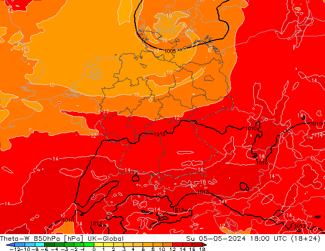 Theta-W 850hPa UK-Global 星期日 05.05.2024 18 UTC