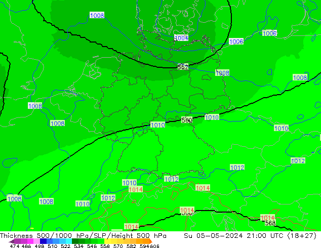 Thck 500-1000hPa UK-Global Dom 05.05.2024 21 UTC