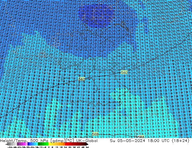 Height/Temp. 500 hPa UK-Global 星期日 05.05.2024 18 UTC