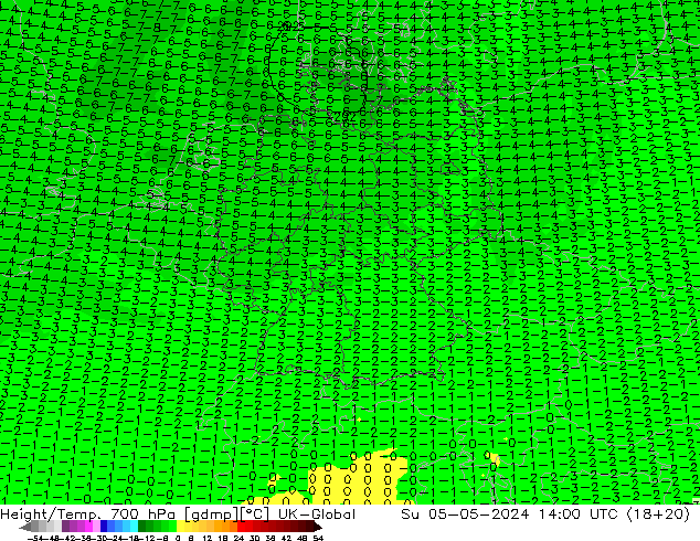 Geop./Temp. 700 hPa UK-Global dom 05.05.2024 14 UTC