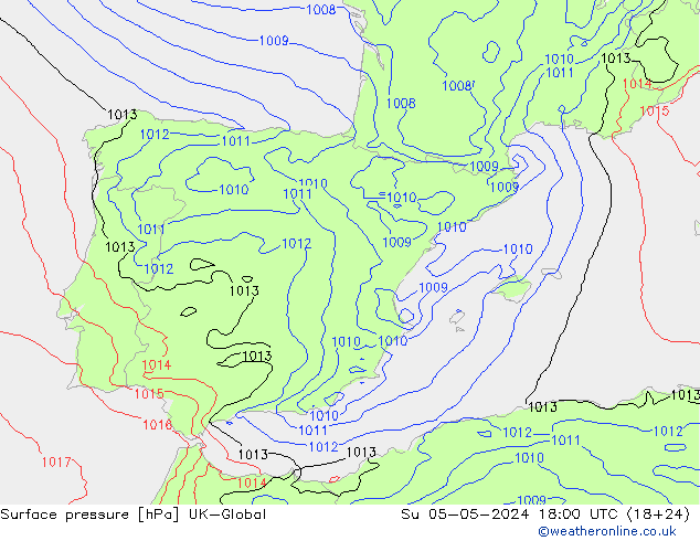 Pressione al suolo UK-Global dom 05.05.2024 18 UTC