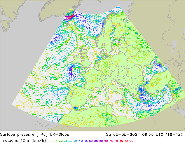 Isotachs (kph) UK-Global Su 05.05.2024 06 UTC
