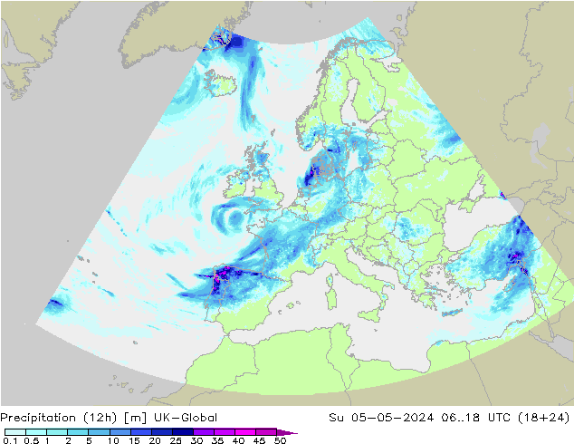Precipitazione (12h) UK-Global dom 05.05.2024 18 UTC
