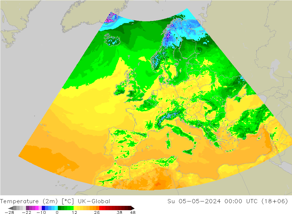 Temperatura (2m) UK-Global dom 05.05.2024 00 UTC