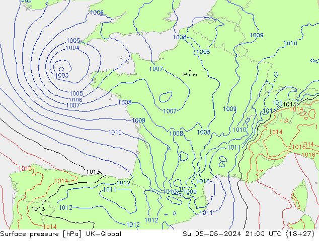 Atmosférický tlak UK-Global Ne 05.05.2024 21 UTC