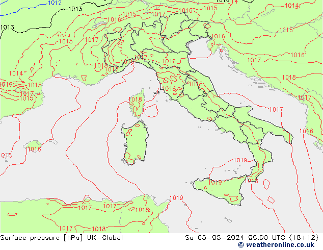 Pressione al suolo UK-Global dom 05.05.2024 06 UTC