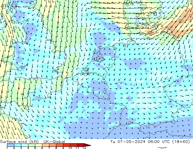 Surface wind (bft) UK-Global Tu 07.05.2024 06 UTC