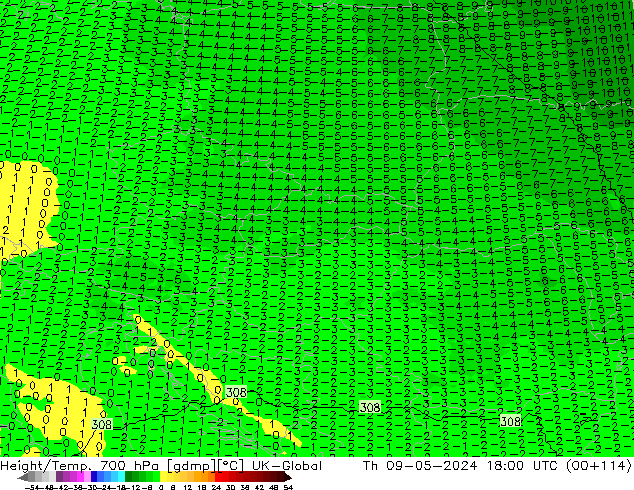 Height/Temp. 700 hPa UK-Global Th 09.05.2024 18 UTC