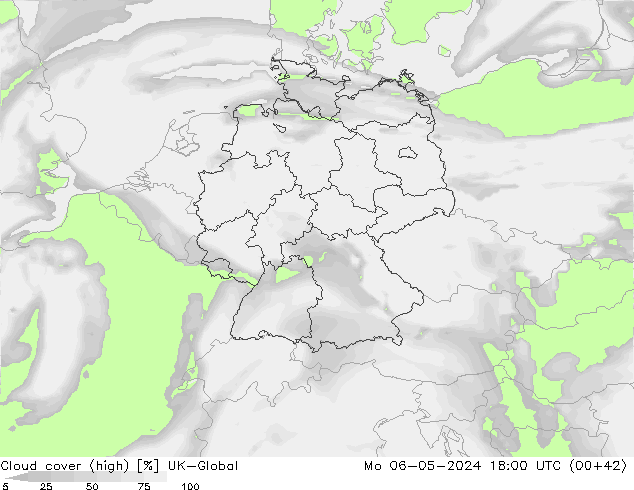 Cloud cover (high) UK-Global Mo 06.05.2024 18 UTC