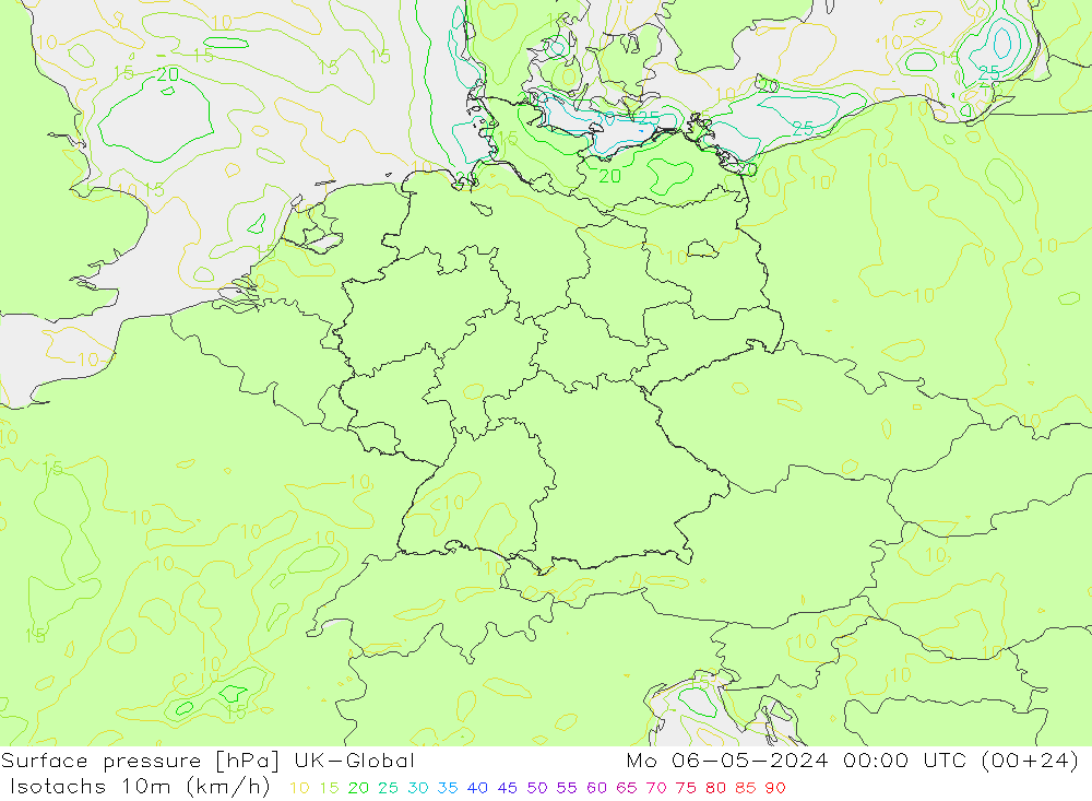 Isotachs (kph) UK-Global lun 06.05.2024 00 UTC