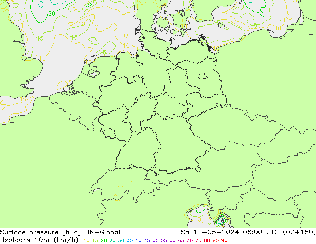 Isotachs (kph) UK-Global  11.05.2024 06 UTC