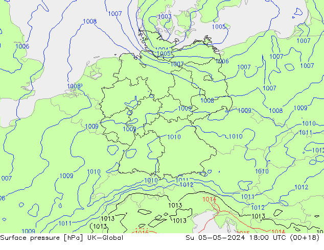 Atmosférický tlak UK-Global Ne 05.05.2024 18 UTC