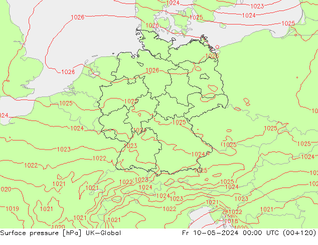 Pressione al suolo UK-Global ven 10.05.2024 00 UTC