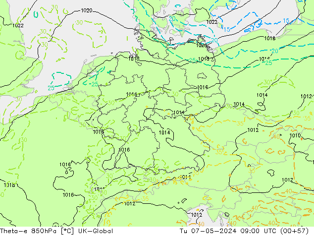 Theta-e 850hPa UK-Global Tu 07.05.2024 09 UTC