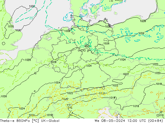 Theta-e 850hPa UK-Global mié 08.05.2024 12 UTC
