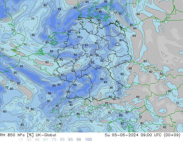 Humidité rel. 850 hPa UK-Global dim 05.05.2024 09 UTC