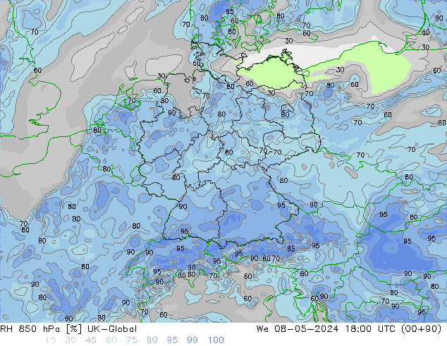 RH 850 hPa UK-Global Mi 08.05.2024 18 UTC