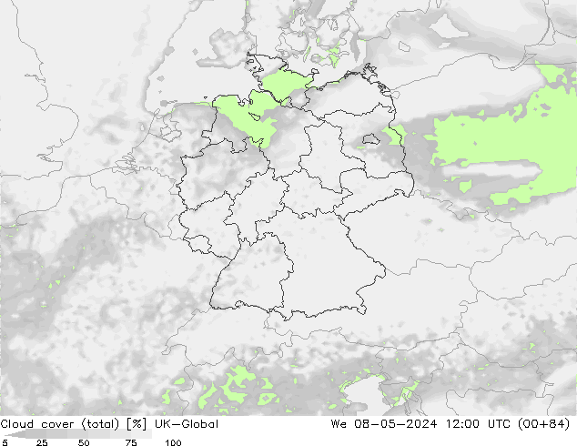 Cloud cover (total) UK-Global St 08.05.2024 12 UTC