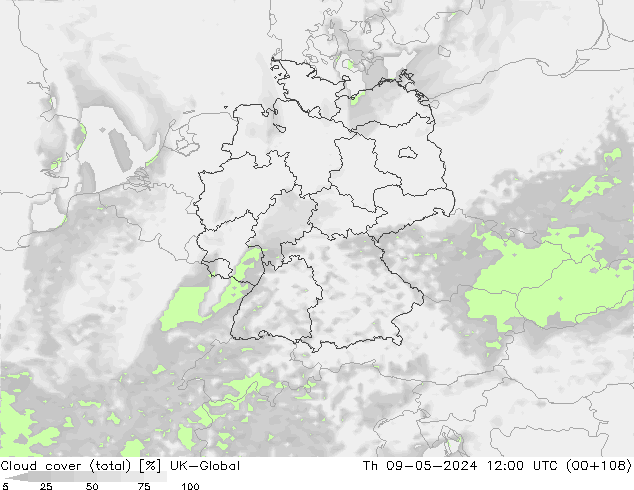 Cloud cover (total) UK-Global Čt 09.05.2024 12 UTC