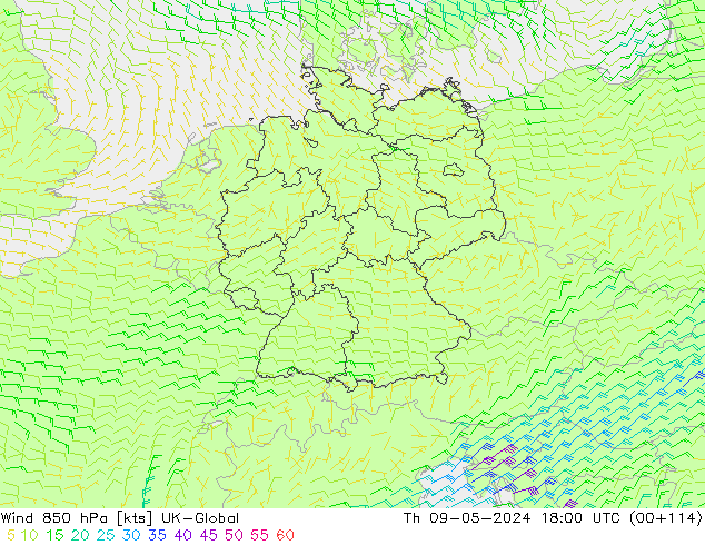 Rüzgar 850 hPa UK-Global Per 09.05.2024 18 UTC