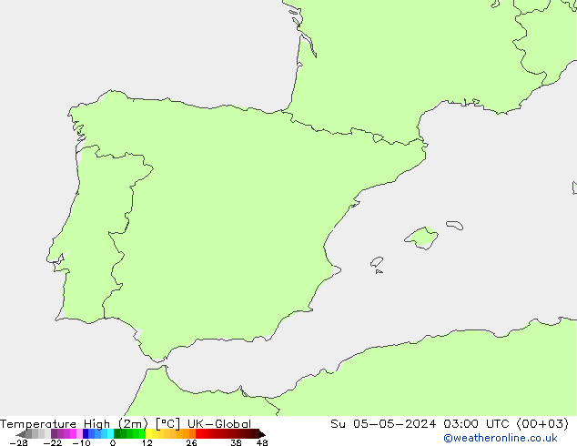 Temperature High (2m) UK-Global Su 05.05.2024 03 UTC