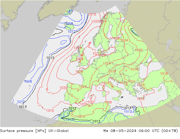 Pressione al suolo UK-Global mer 08.05.2024 06 UTC