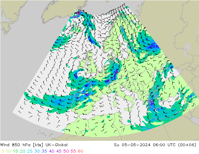 Wind 850 hPa UK-Global Su 05.05.2024 06 UTC