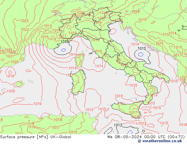 Pressione al suolo UK-Global mer 08.05.2024 00 UTC