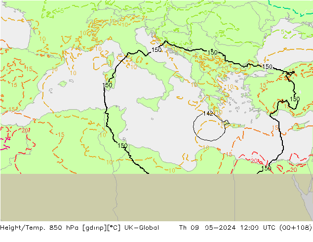 Height/Temp. 850 hPa UK-Global Th 09.05.2024 12 UTC