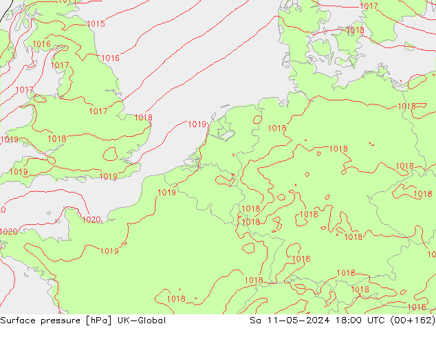 Pressione al suolo UK-Global sab 11.05.2024 18 UTC