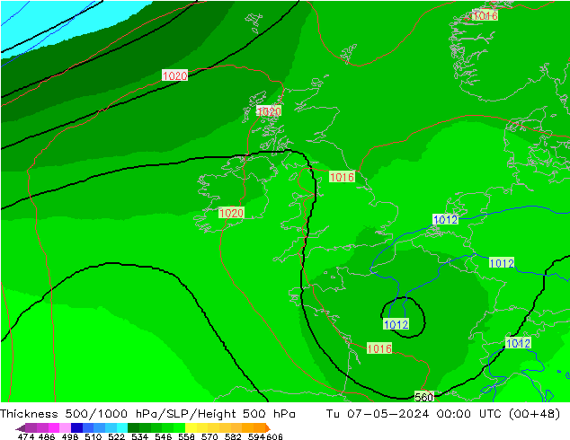 Espesor 500-1000 hPa UK-Global mar 07.05.2024 00 UTC