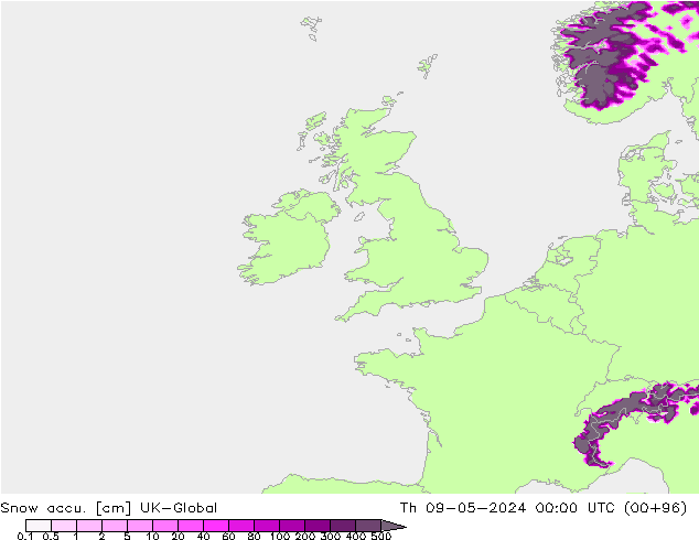 Snow accu. UK-Global Čt 09.05.2024 00 UTC
