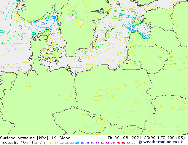 Isotachen (km/h) UK-Global do 09.05.2024 00 UTC